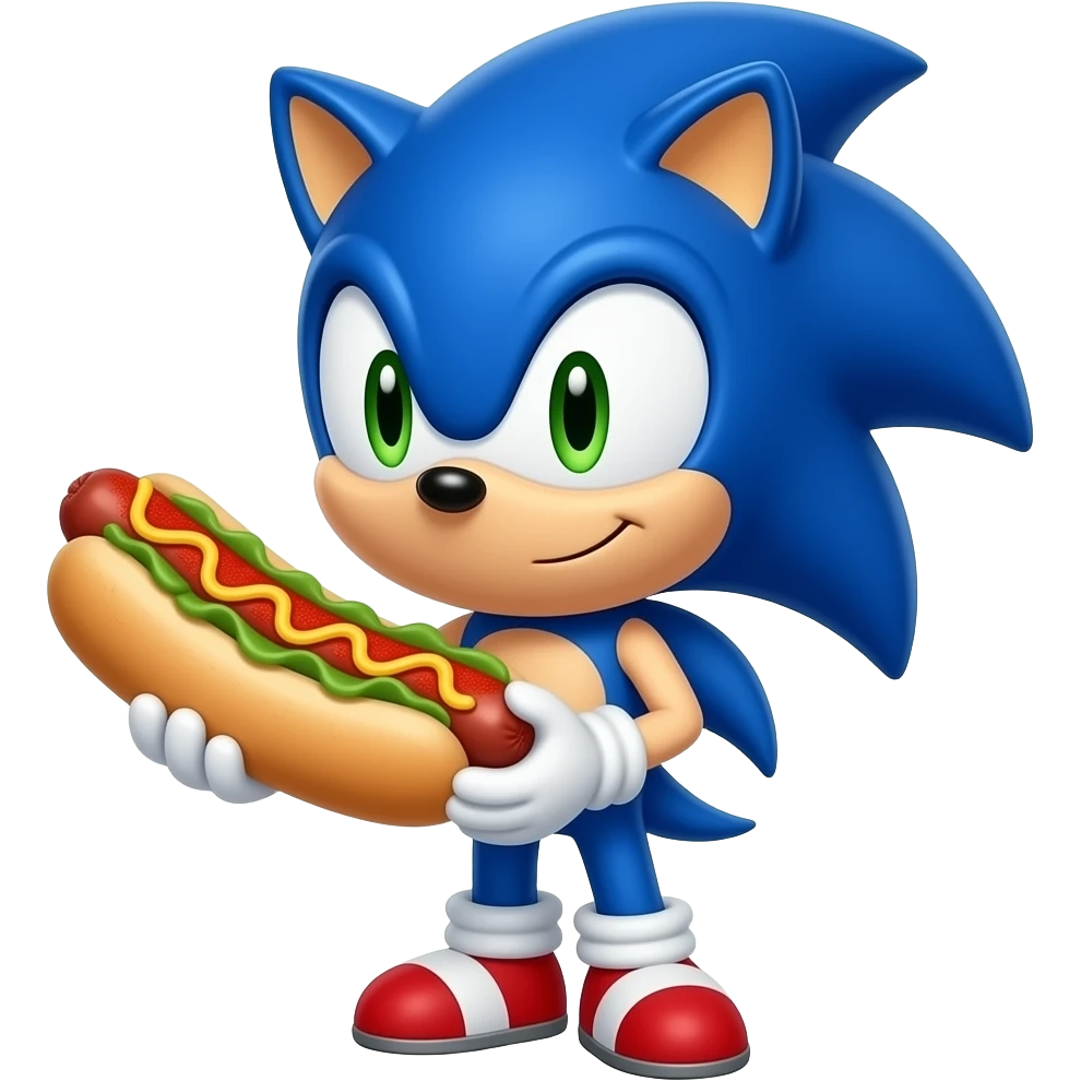 chibi cute sonic the hedgehog holding a yummy hot dog that has chili powder on it emoji