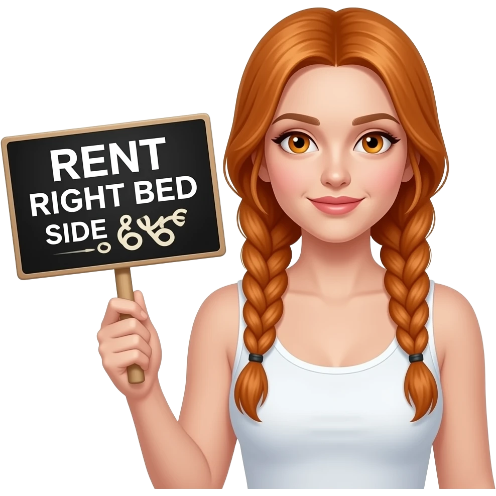 sexy girl with long ginger braids and ginger eyes wearing a white tanktop is holding a black sign with VERMIETE rechte BETTSEITTE 100€ kalt written on it emoji