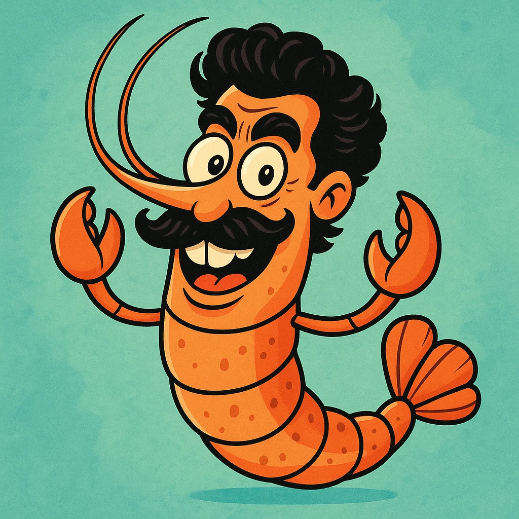 a shrimp with Borat's mustache and hairstyle, cartoon style emoji