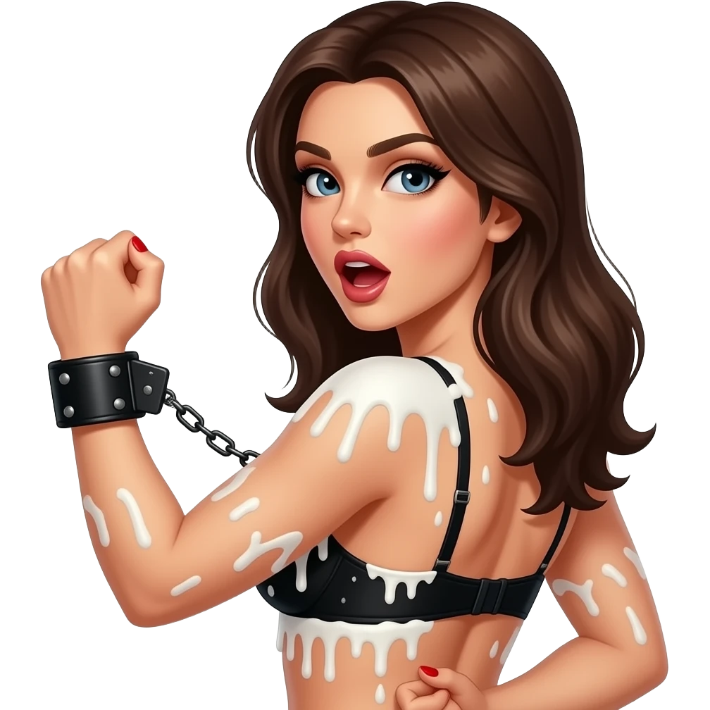 Sexy brunette a black lingerie covers all over with splattered chunky whitecake batter with clenched fist and one red nailsblack leather hand cuffs   Hands behind back looking over her shoulder with mouth openclose-up emoji