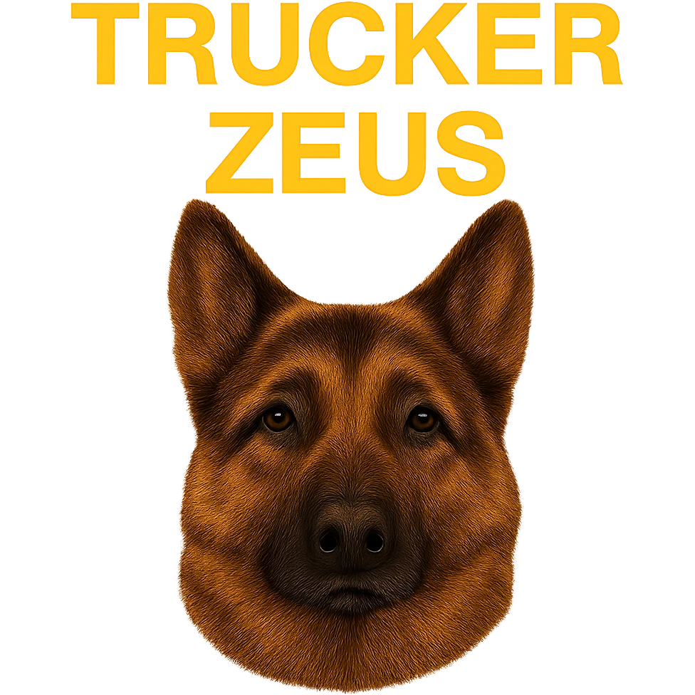 Reduce the image file size as much as technically possible, even if it lowers image quality, while keeping the background fully transparent, the realistic German Shepherd, and yellow 'Trucker Zeus' text. emoji