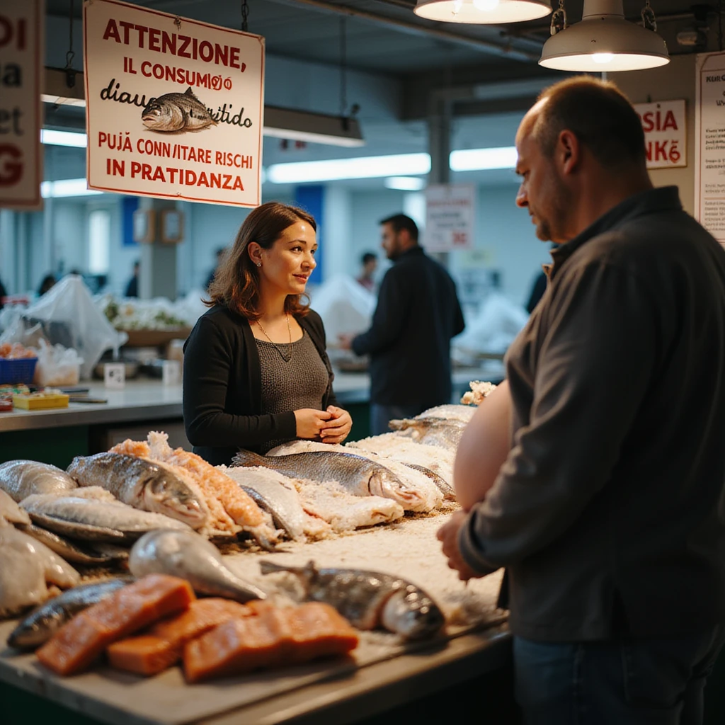 realistic pregnant woman in 4K talking with the fishmonger in front of the informational sign in a fish market with the text: “Attenzione, il consumo di salmone crudo può comportare rischi in gravidanza”. emoji