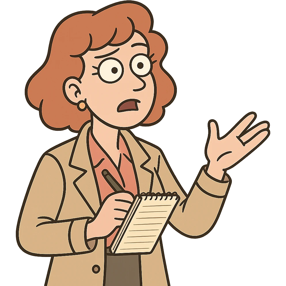 A 1980s female newspaper journalist holding a note book and pen looking like they are asking a question emoji