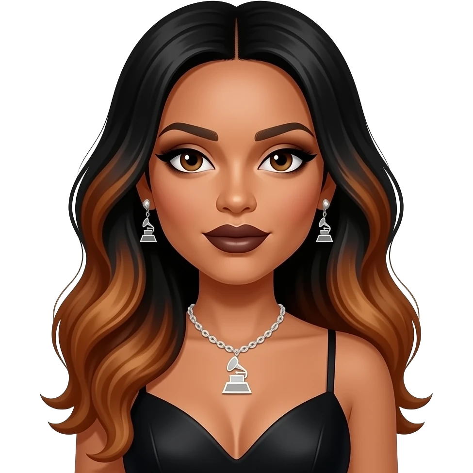 Aaliyah with brown eyes, long black hair with dark auburn ombre, black eyeshadow, dark brown lipstick, black grammy dress, necklace and earrings emoji