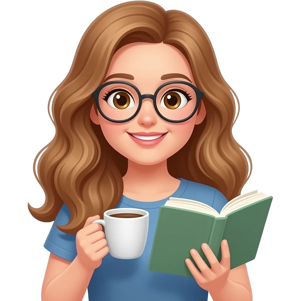 detailed emoji illustration of a curvy woman with long light brown wavy hair, light brown eyes and round glasses reading a book while holding a cup of coffee, cozy reading vibe, cute emoji style emoji