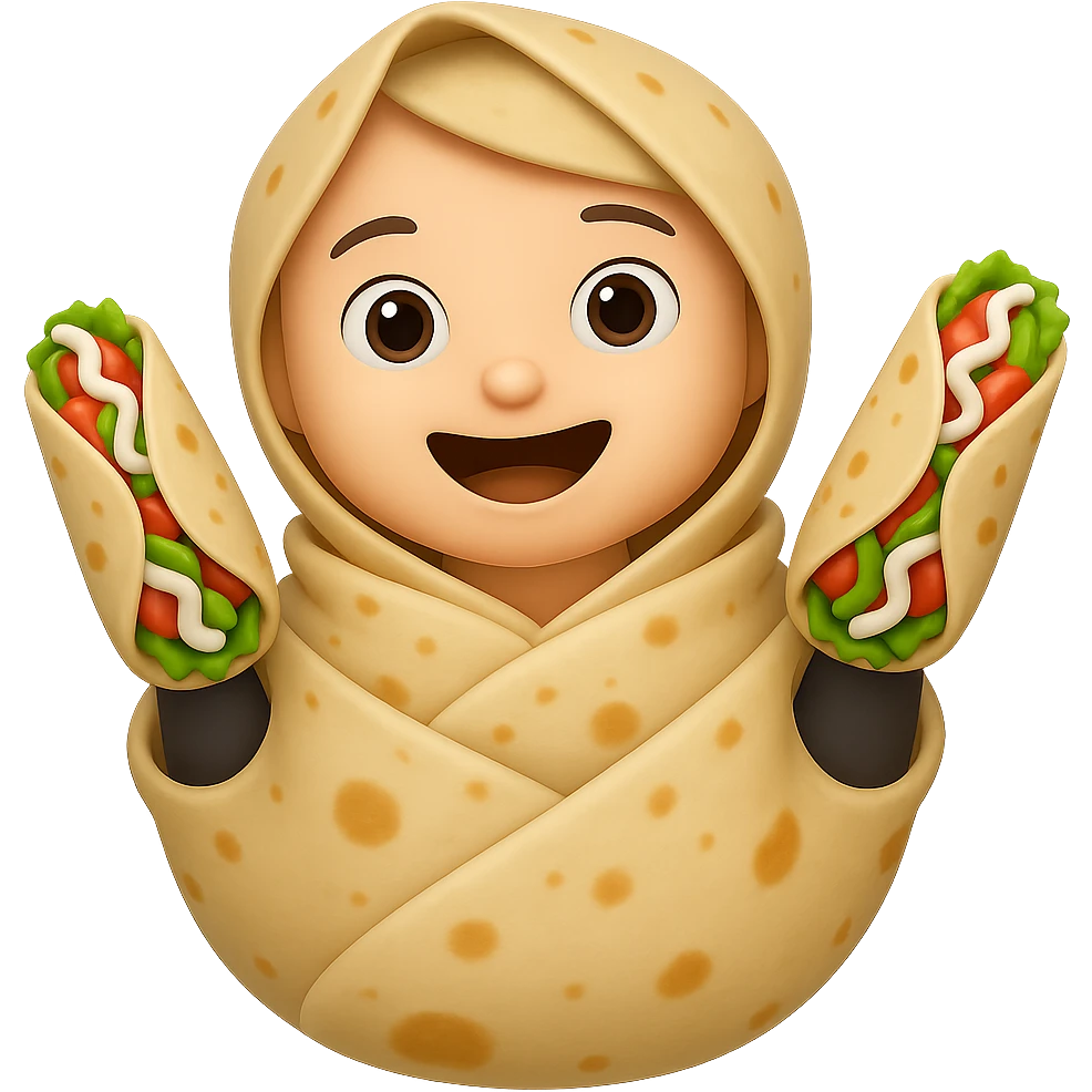 Change the hands so they are made of small burritos, keep playful emoji style, no background emoji
