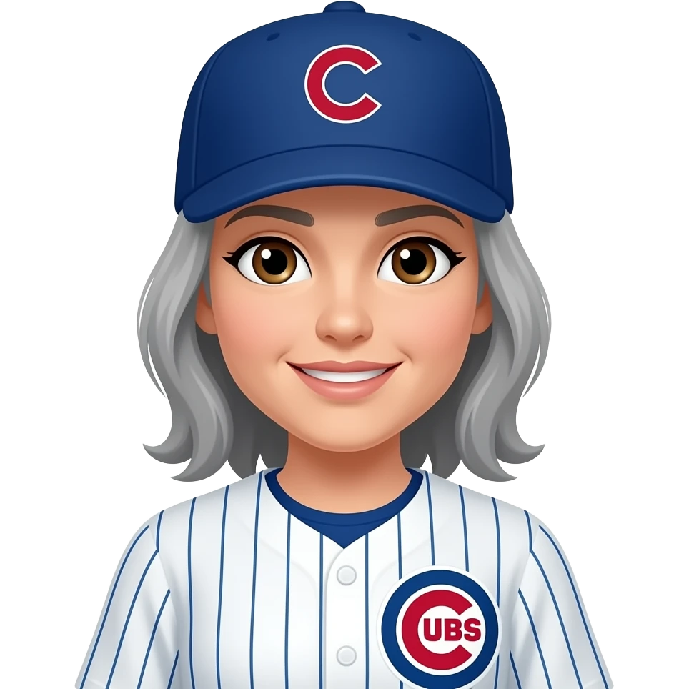 Chicago cubs player woman, gray hair, brown eyes, emoji