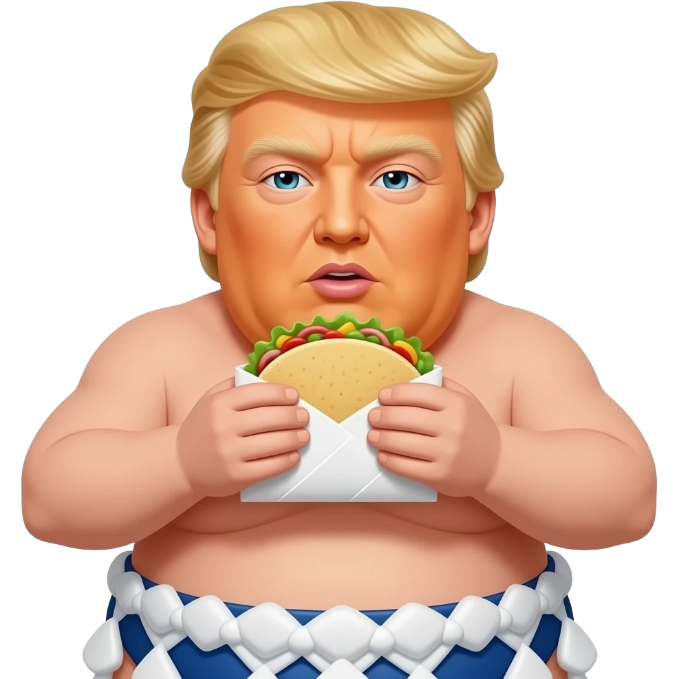 Very fat Donald trump as a sumo wrestaler eating a taco emoji