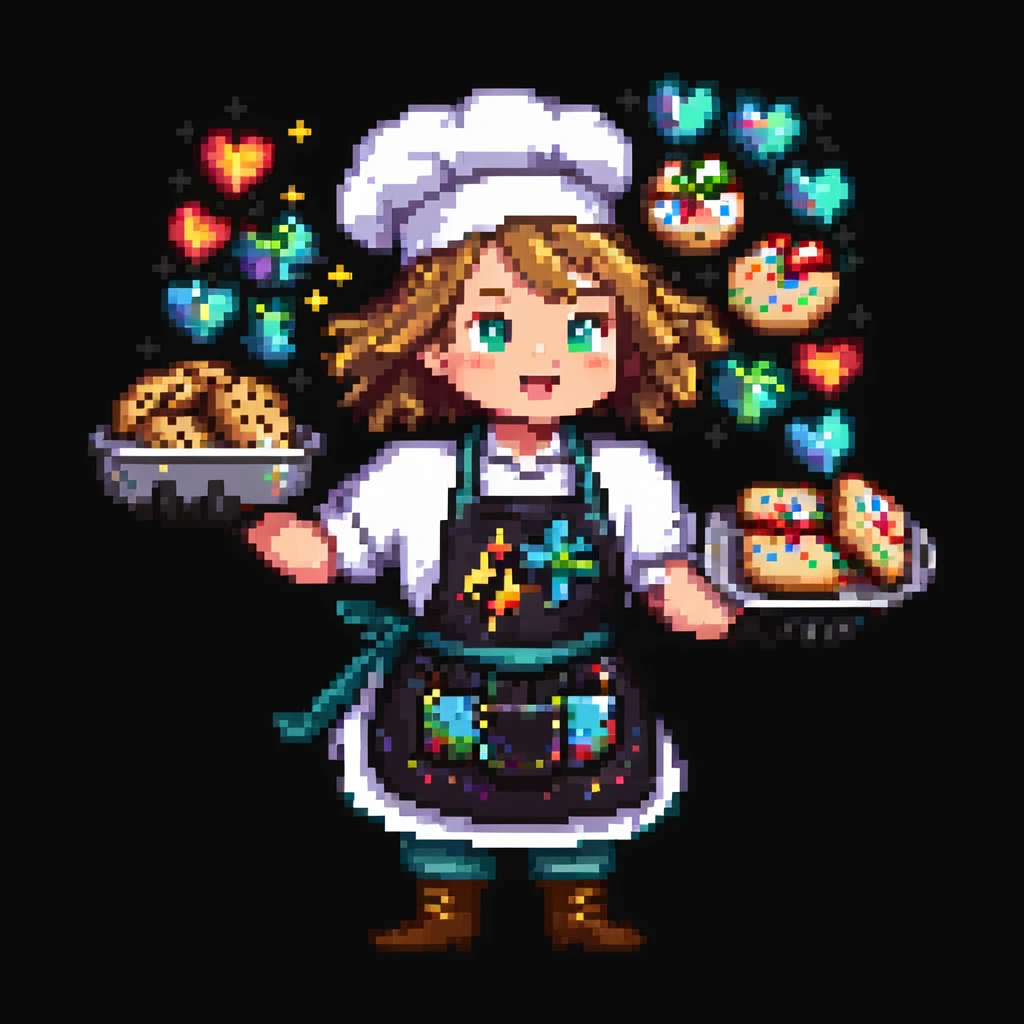 Portrait of a baker casting a baking spell, cookies floating around him, sparkles on his gloves and apron, skeuomorphism style emoji