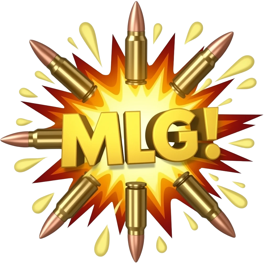 Надпись MLG! жёлтого цвета взорвалась от попадания пули на кусочки emoji