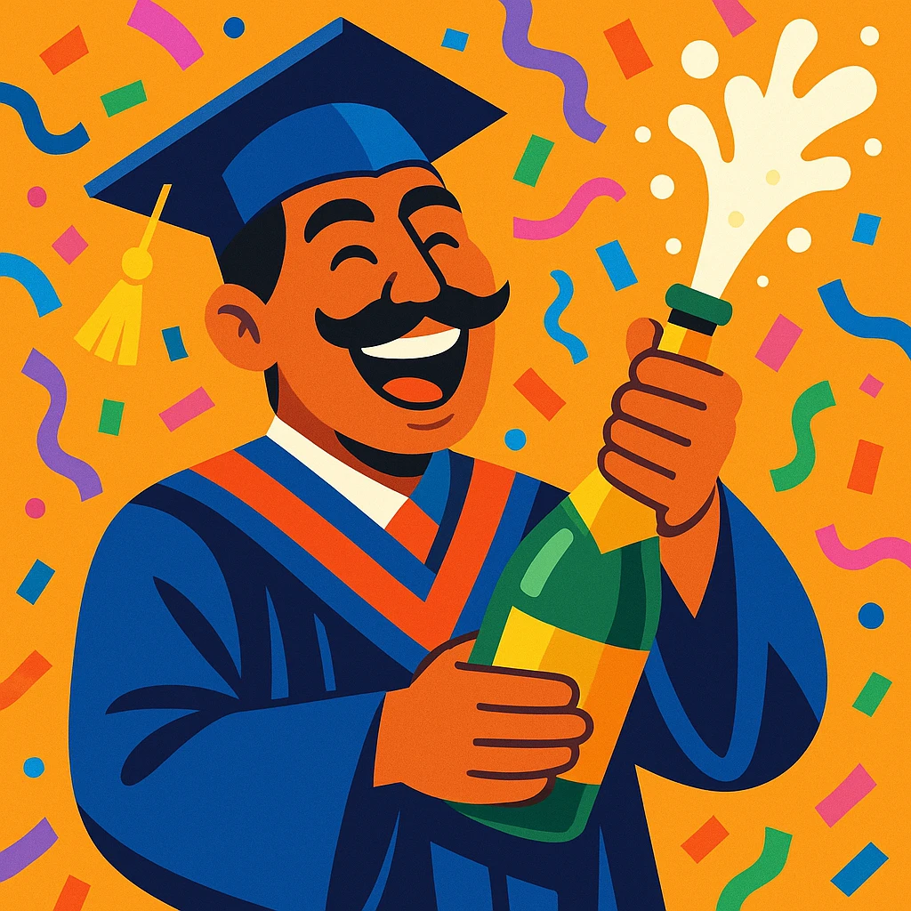 joyful Mexican graduate in cap and gown, surrounded by colorful confetti, popping a bottle of champagne, festive celebration, vibrant style emoji