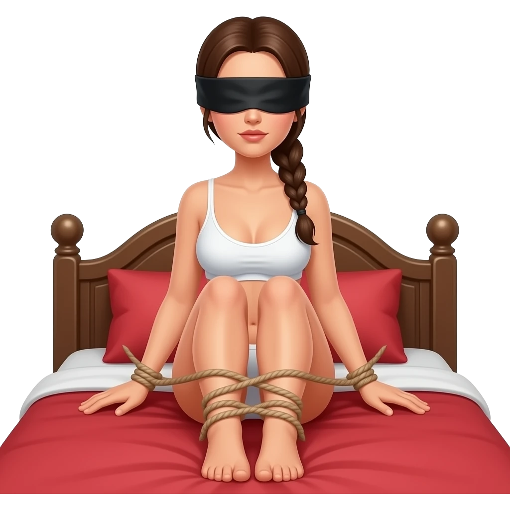 woman in blinfold, in white underwear, braided ponytail, arms and laegs tied to red bed emoji