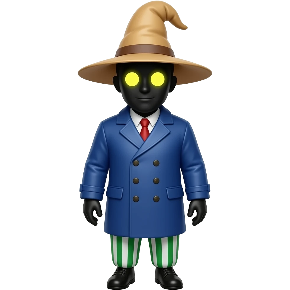 Vivi is defined by a pitch-black face illuminated only by two glowing, circular yellow eyes. He wears a tall, floppy tan wizard’s hat, a bulky blue double-breasted coat, and distinctive green-and-white striped balloon trousers. emoji