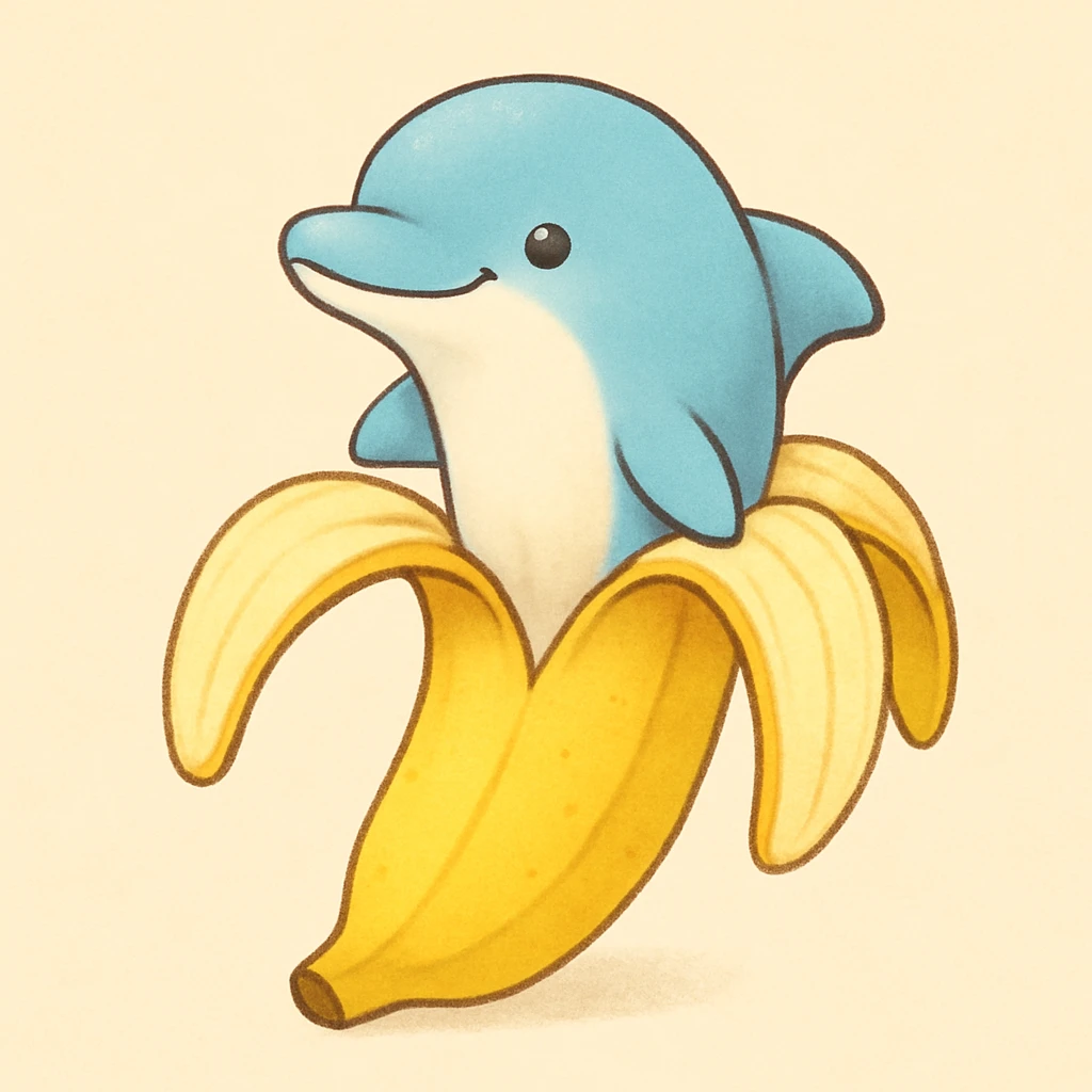 a lighthearted and cute dolphin with a banana peel body, the dolphin's upper half emerging from the top of the banana emoji