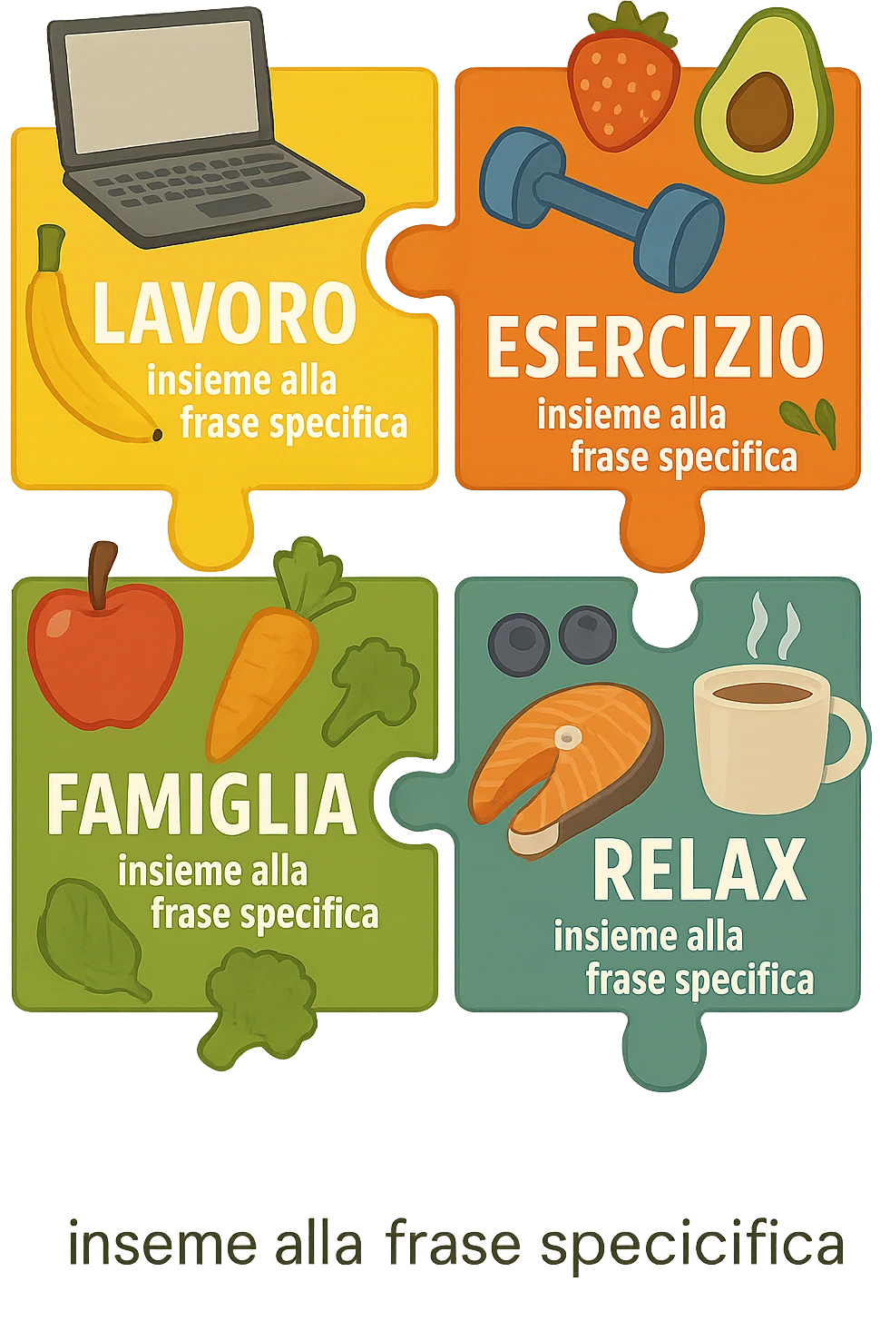 Puzzle (Lavoro, Esercizio, Famiglia, Relax), and healthy foods are integrated into each piece. in italiano emoji