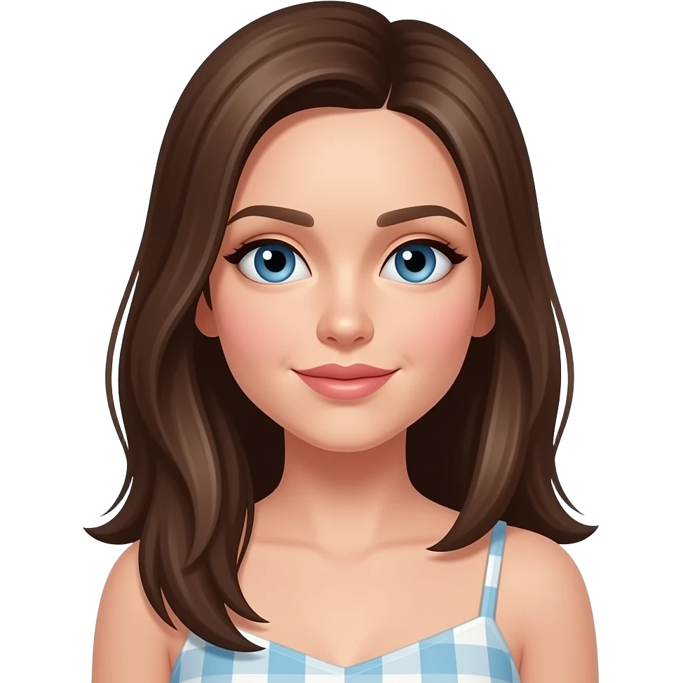 femme, cheveux longs châtains lisses, yeux bleus pétants, en robe emoji