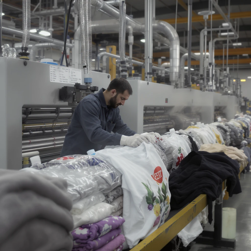 vertical realistic image of factory transforming PET plastic bottles into polyester clothes, showing bottles, machinery, clothes, professional atmosphere, aspect ratio 2:3 emoji