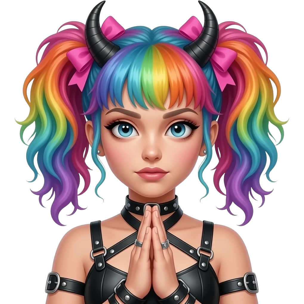 Baphomet babe freak with messy, frazzled, washed-out rainbow dyed loose space buns with frilly girly pink hair bows and bondage restraints saying a satanic prayer to her lord and daddy Lucifer emoji