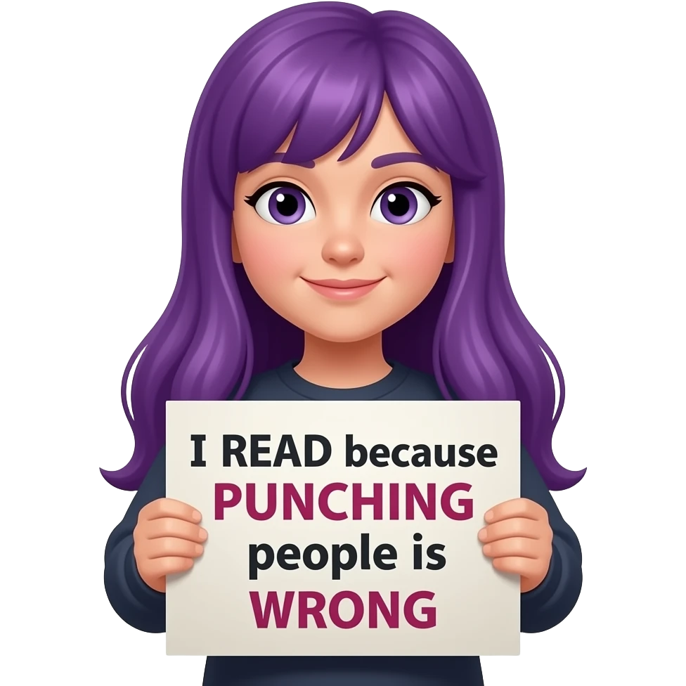 girl with long purple hair holding a I READ because PUNCHING people is WRONG sign emoji