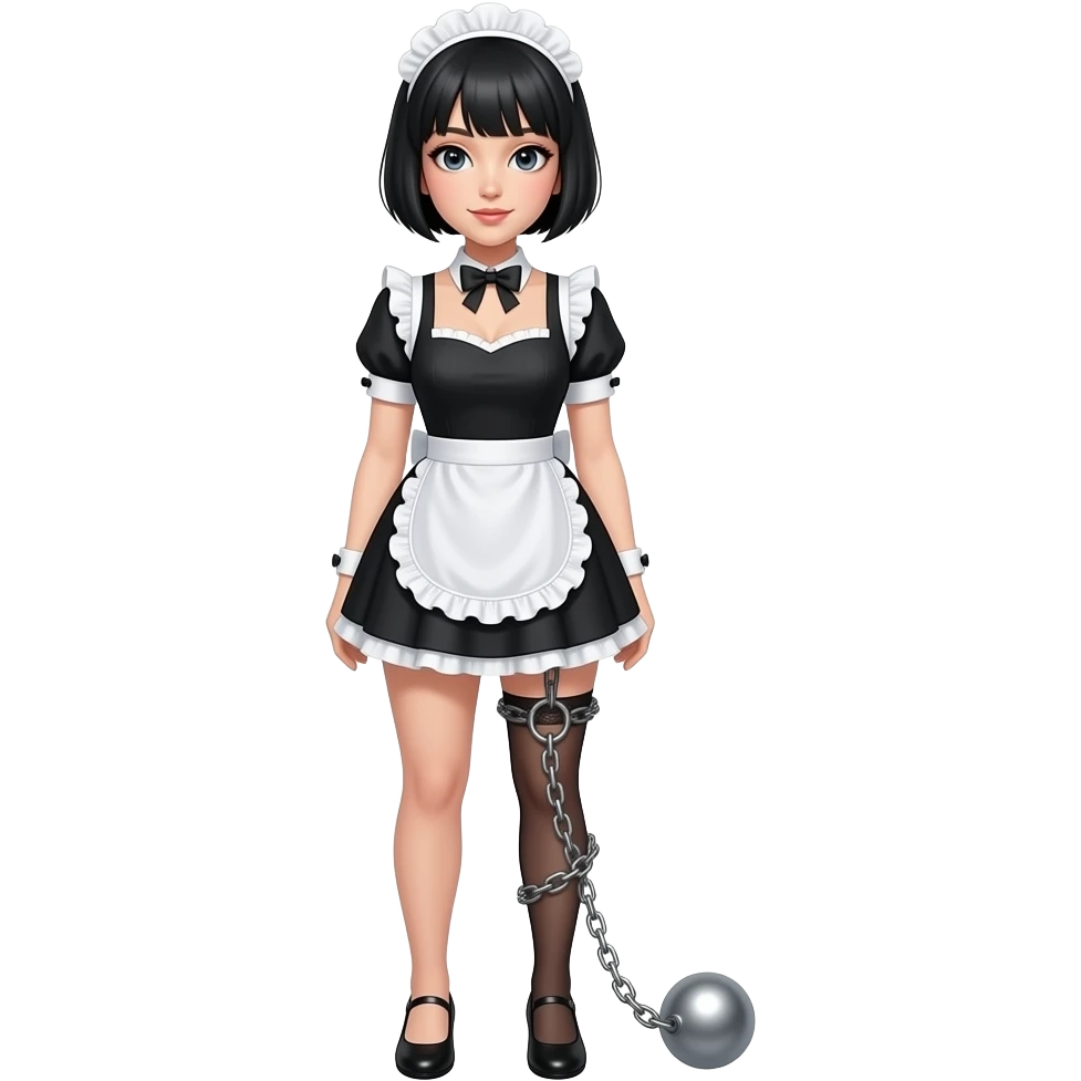 female maid, black pixie cut hair, ball & chain attached to leg emoji