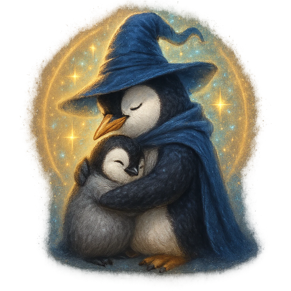 penguin wizard hugging a small penguin, protective and magical, glowing aura emoji