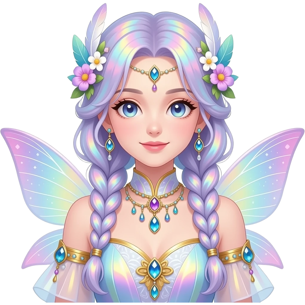Beautiful gorgeous anime lady with beautiful iridescent-braided-hair, fashion aesthetic, ethereal, fairycore, pastelcore, feathers, flowers, gems, accessories, jewelries, gold, colorful emoji