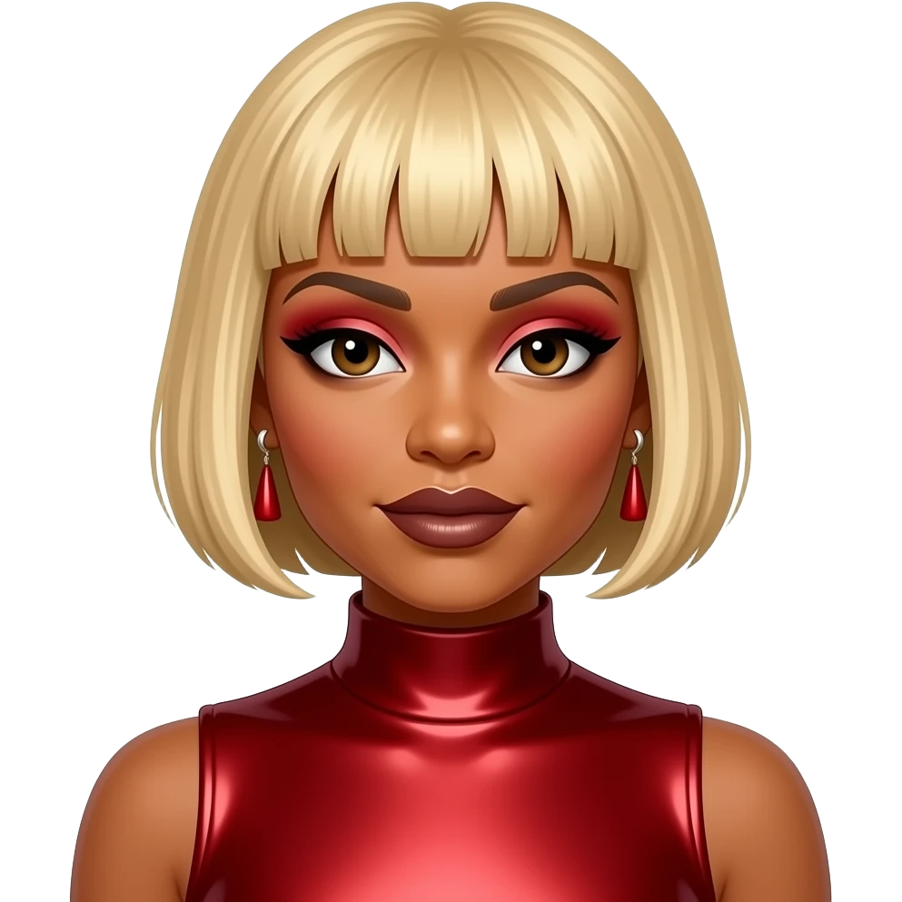 Tionne T-Boz Watkins from TLC with dark brown eyes, blonde 1990s pixie cut hair, red eyeshadow, dark brown lipstick, red metallic high neck dress, earrings emoji