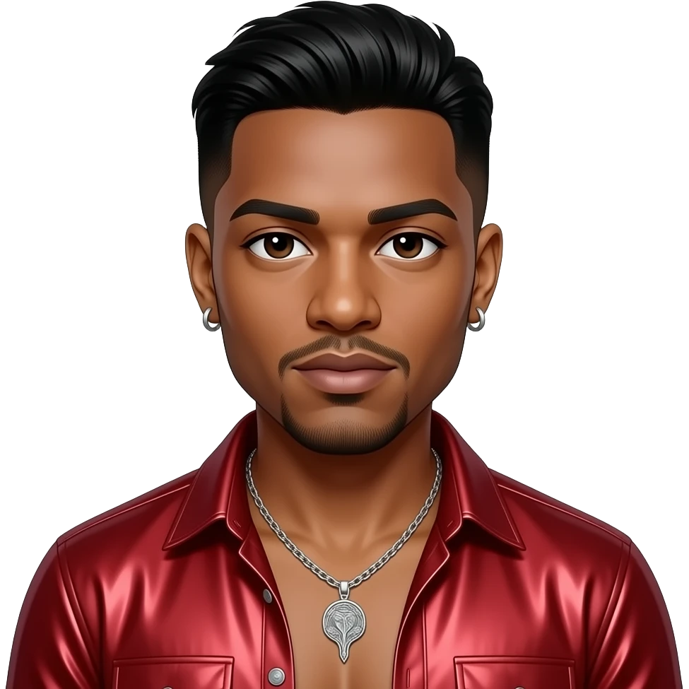 Bobby Brown from New Edition with dark brown eyes, short black slanted fade hair, red metallic open shirt, shirtless with necklace and earrings emoji