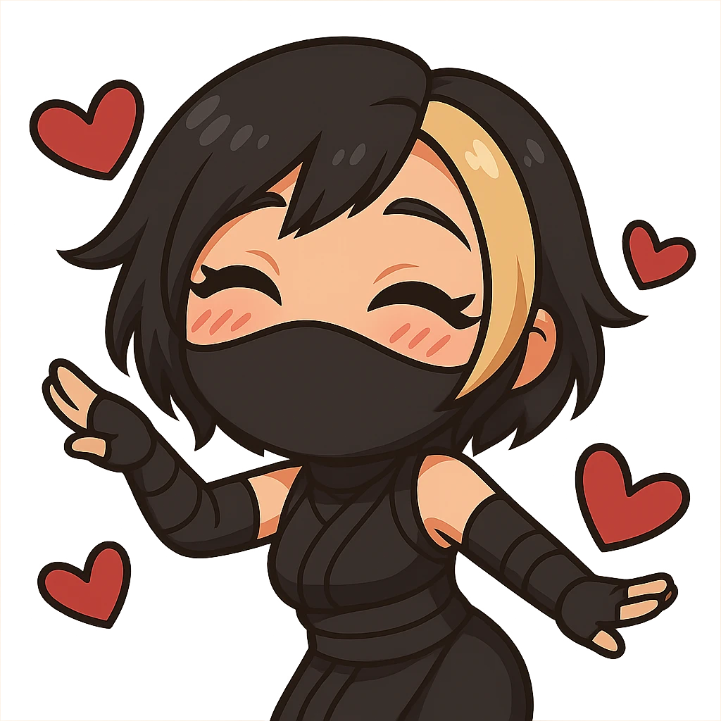 Create a chibi anime style ninja girl dancing to the left. Keep the same face, hair, mask, outfit, and hearts as the reference image. Change the pose so her body and arms are leaning to the left in a cute dance move, slightly different from frame 1. Transparent background, sized for Twitch emoji use. This is animation frame 3. emoji