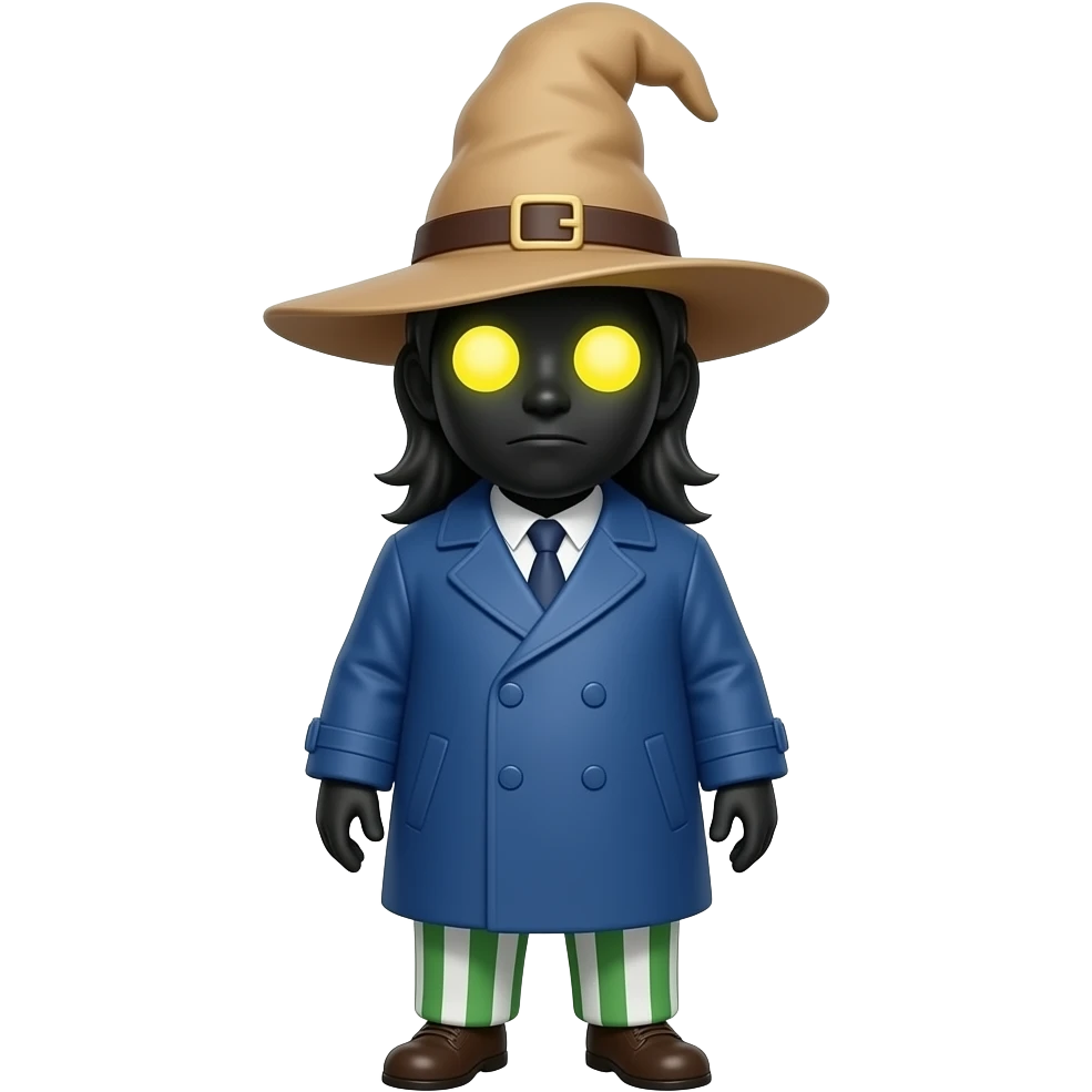 Vivi is defined by a pitch-black face illuminated only by two glowing, circular yellow eyes. He wears a tall, floppy tan wizard’s hat, a bulky blue double-breasted coat, and distinctive green-and-white striped balloon trousers. emoji