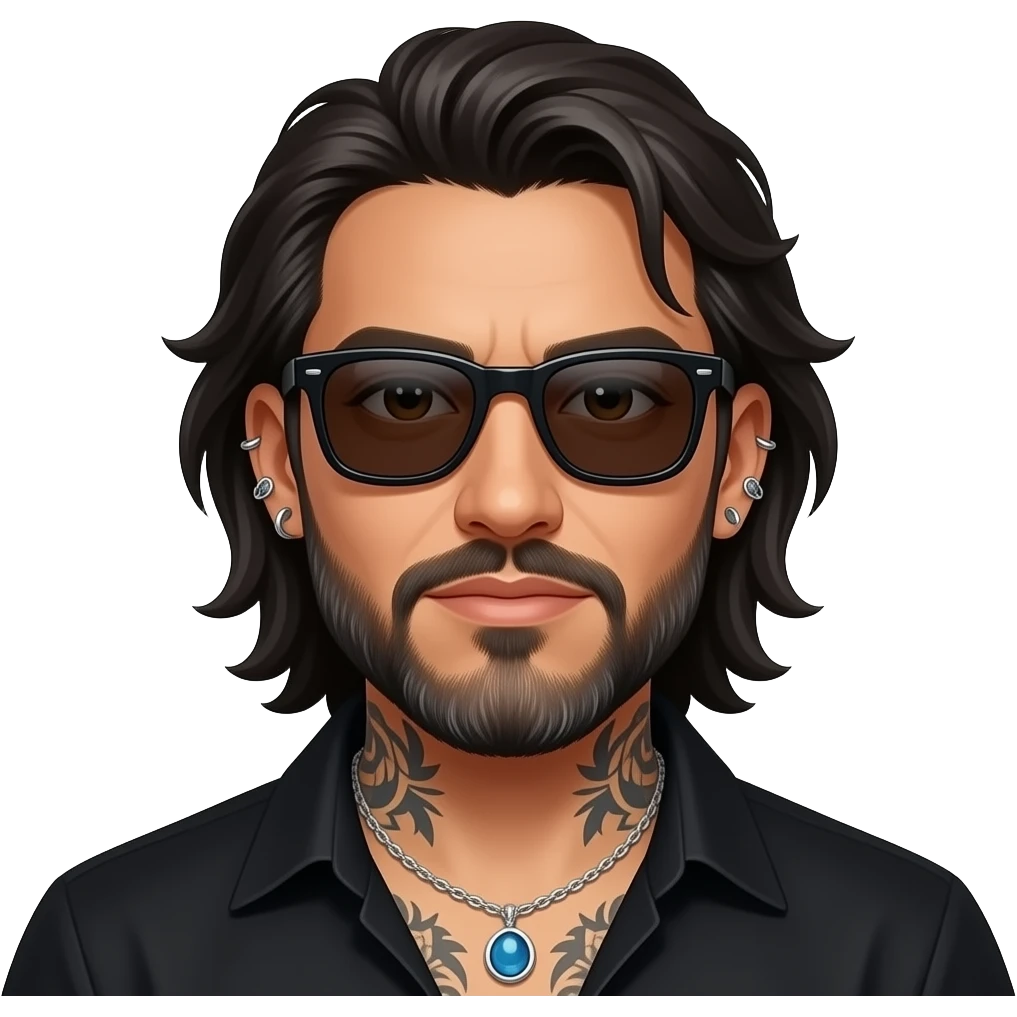 The handsome manly Latino podcast host with medium length hair, a long slightly graying beard and tattoos with his ears pierced 1 time each ear and a nose ring on the right side, dark brown eyes, wearing black, super dark sunglasses, jewelry, getting undressed emoji