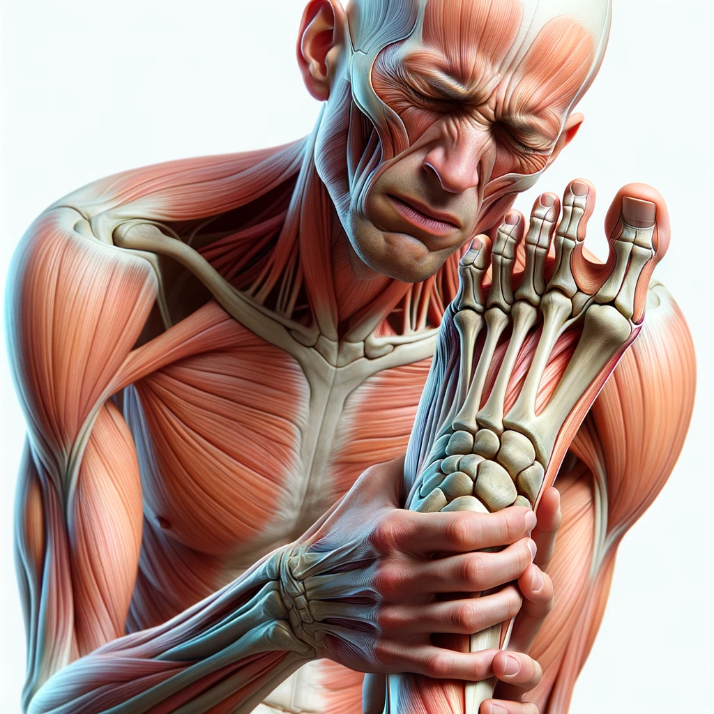 corpo umano anatomico con espressione di dolore in volto che si tiene il piede tra le mani perché ha dolore al piede, iperrealistico 4k, isolato su sfondo bianco emoji