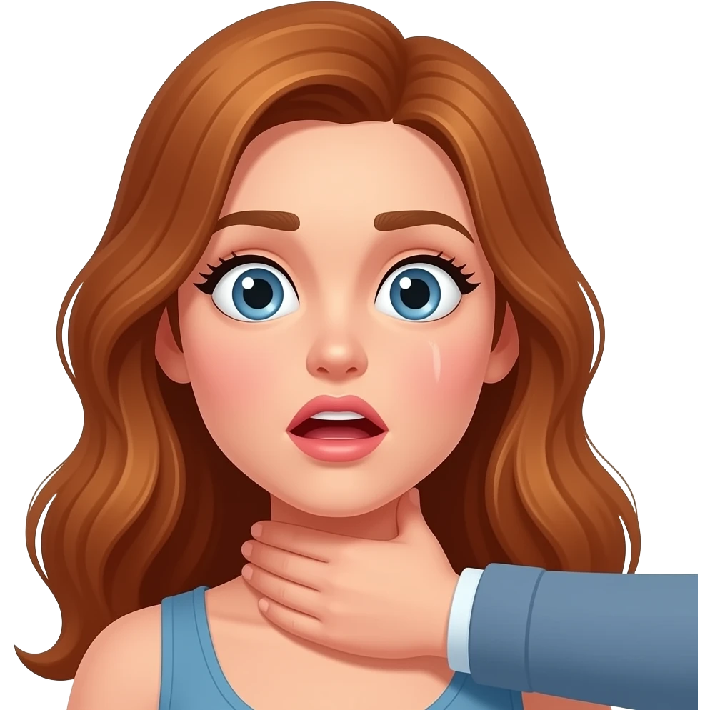 Long copper haired white woman getting choked. Should look like someone else is choking her and she should have a surprised look on her face. The choking hand should be coming from the bottom of the image. emoji