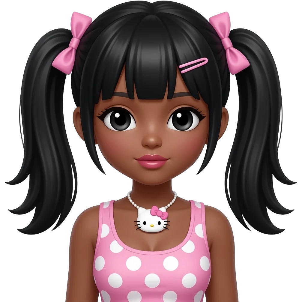 my melody hairclip, dark brown skin, Doll faced shaped, hello kitty necklace, bimbo, black doll eyes, Big lips, black hair, pink polka dots with gyaru sleeveless shirt, with hime gyaru bows, big breast emoji