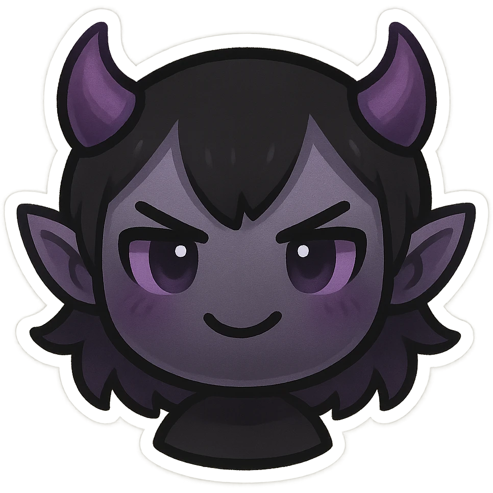 devil emoji in chibi style with gothic palette black and purple, tiny horns, cute but mischievous expression emoji