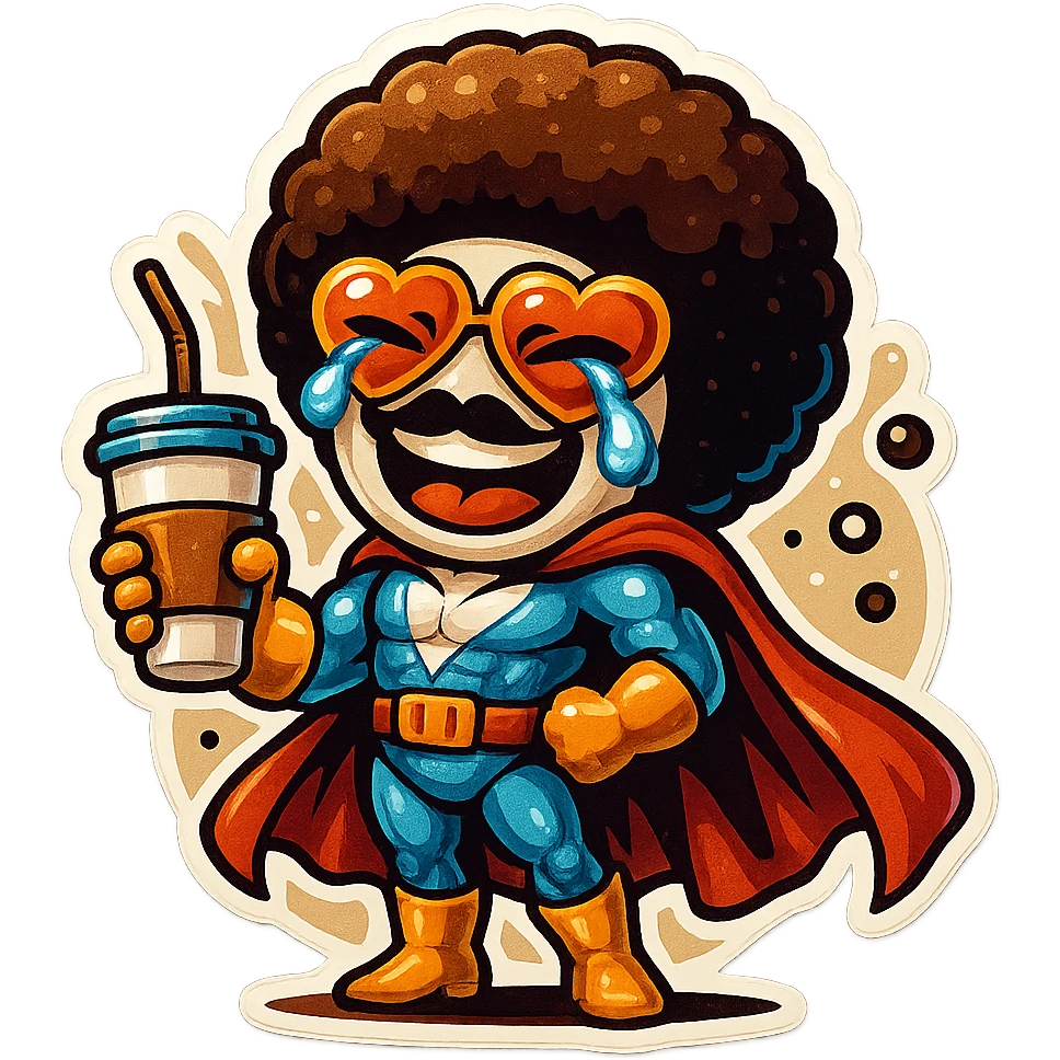 coffee superhero, laughing with tears in eyes emoji