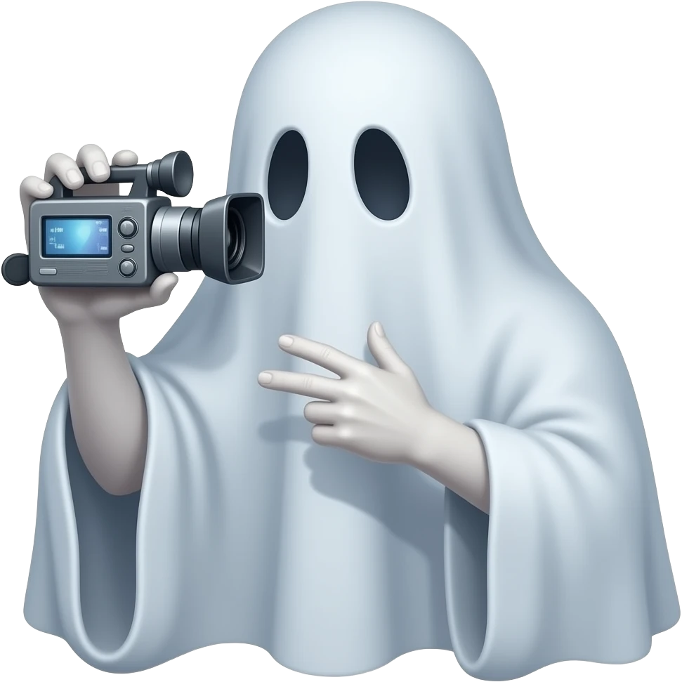 Haunting realistic ghost  recording a video. Holding the video recorder to eye hole in sheet. Facing forward. White pale hads emoji