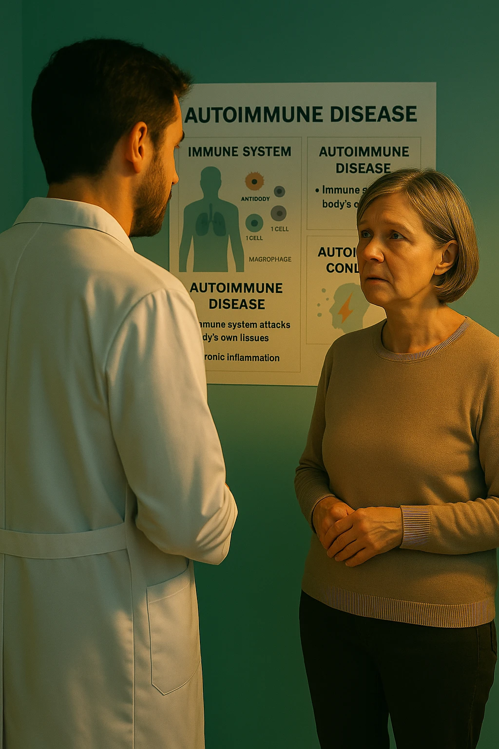 Realistic, detailed photo taken from behind of one doctor e un paziente —a bearded man and a middle-aged woman—standing and facing each other as they discuss an autoimmune disease diagnosis in front of a medical chart that displays information about the immune system and autoimmune conditions. The scene is illuminated by a yellowish, orange, warm light that softly envelops the doctors. The entire room is bathed in a single green-blue color, creating a cohesive and modern atmosphere. Both doctors wear white coats, and their body language suggests a serious, professional conversation about the complexities of autoimmune diseases. Shot with a Canon EOS R5, with high detail and natural depth of field. scritto in italiano emoji