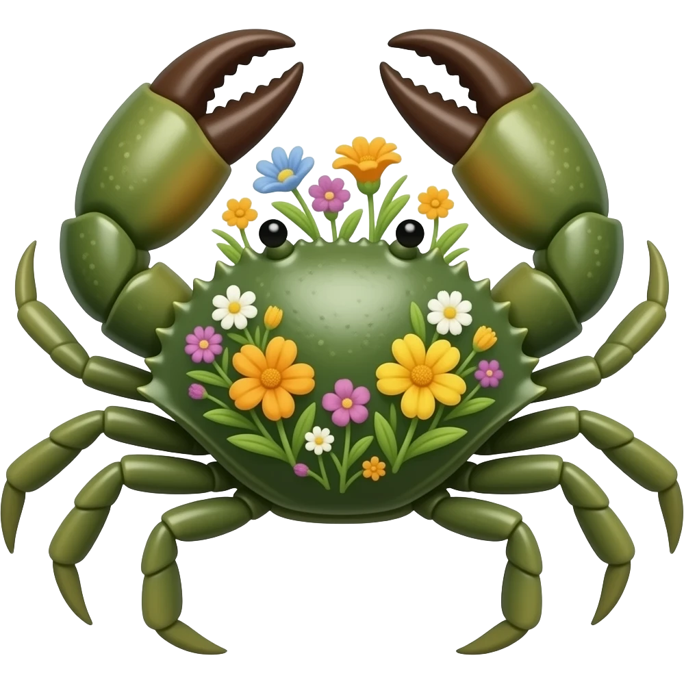 A green crab with flowers growing on its back emoji