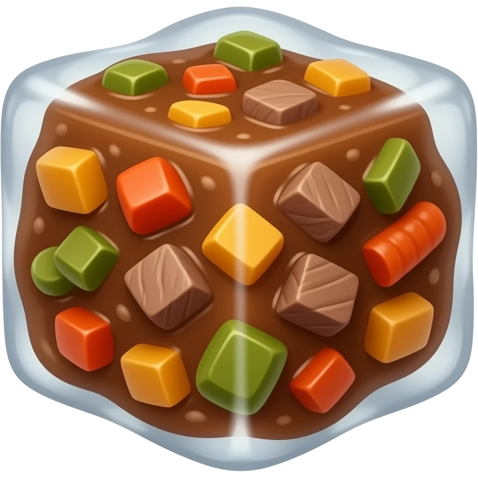 A Stew but frozen in a cube. Blend the Cube with the Stew. Add some veggies and beef. The ice cube should be the soup and there should be no ceramic. Get the outwards of the icecube to match the color of the inner stew content. Brown toned emoji