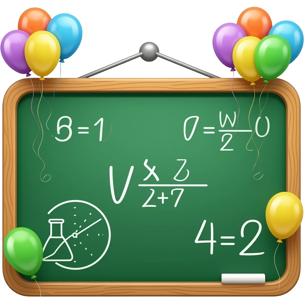 SCIENTIST'S GREEN BOARD WITH MATH SYMBOLS AND BIRTHDAY BALLOONS emoji