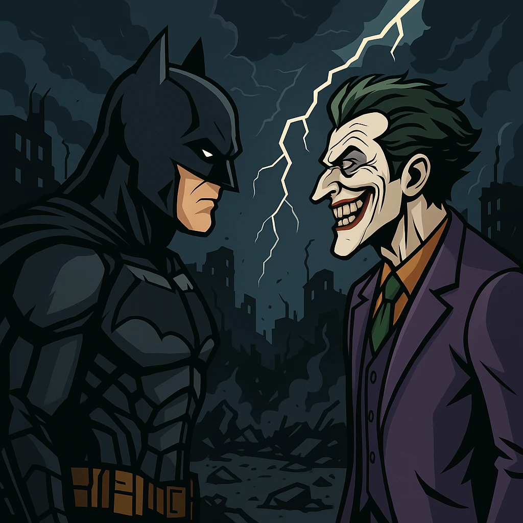 vector art of batman and joker, battleground background 
 emoji