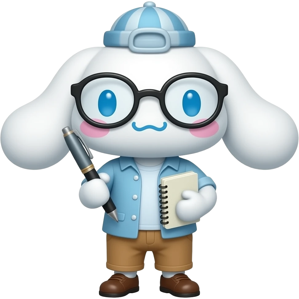 Cinnamoroll holding a note book and a pen wearing glasses writing emoji