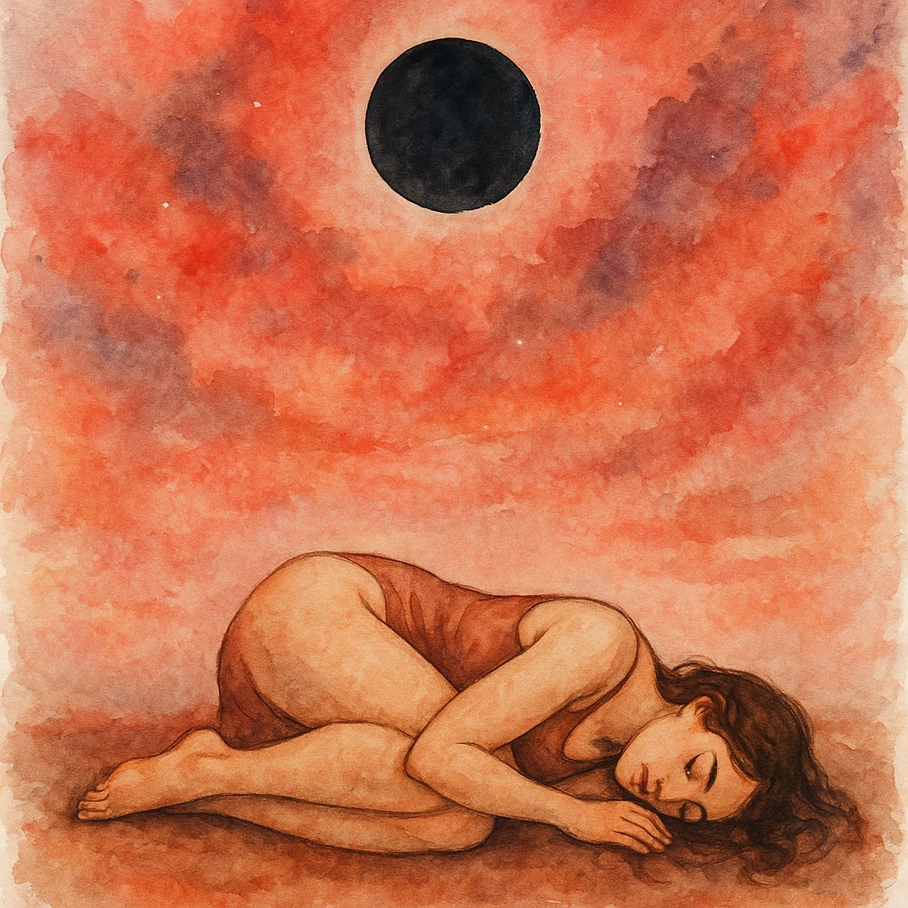 mujer en posición fetal, descansando, fondo de cielo rojizo, luna nueva, estilo acuarela emoji