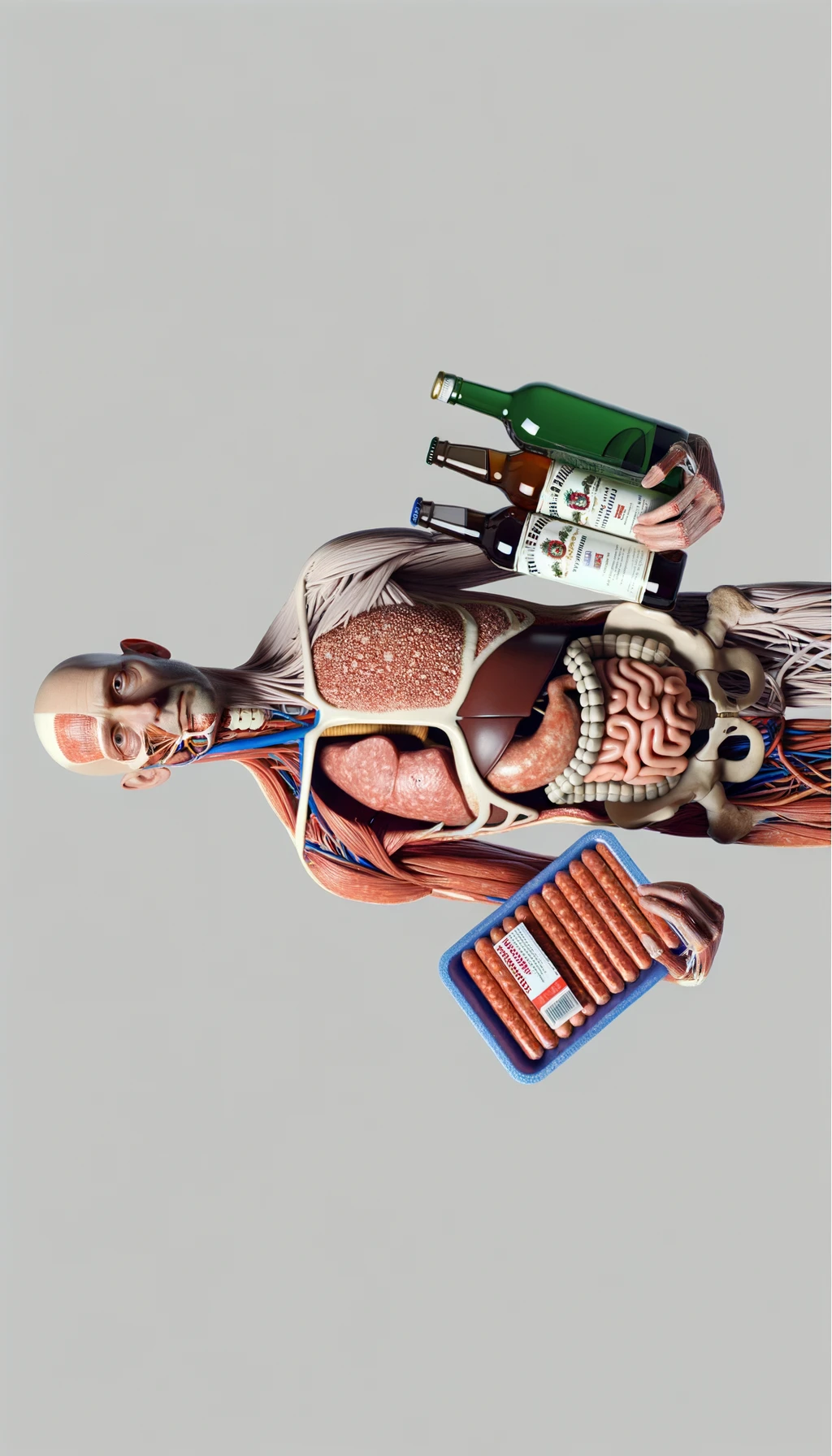 CORPO UMANO ANATOMICO CHE TRA LE BRACCIA SIGARETTE, ALCOL E WURSTEL CONFEZIONATI, LI GUARDA CON ESPRESSIONE INDECISA IN VOLTO, NEUTRAL CLEAR BACKGROUND, iperrealistico 4k emoji