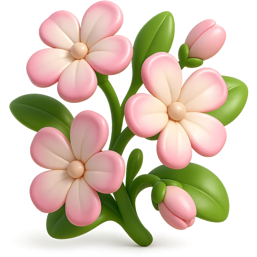 3D iOS-style cartoon soapwort (Saponaria) flowers, extra volumetric and rounded, petals with pink edges and white centers, big green leaves, playful proportions, soft lighting, glossy effect, no background, no face or smile, in GPT Image style emoji