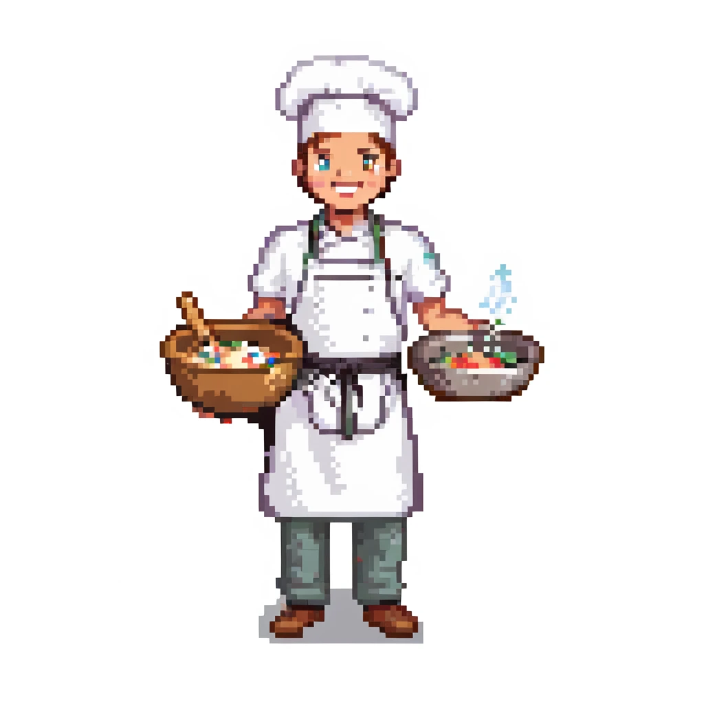 Portrait of a smiling baker wearing a chef hat and a clean apron, holding a large mixing bowl, skeuomorphism style emoji