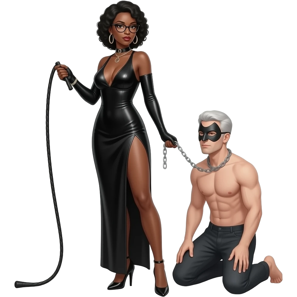 africaine dominatrice tres mince et tres  noire visage 50 ans fin lunettes debout robe decolletee profond fluide fendue  une jambe nue passant dans la fente fouet souple dans la main chaine dans la main droite droite talons aiguilles debout  homme blanc nu masque prosterné chaine au cou emoji