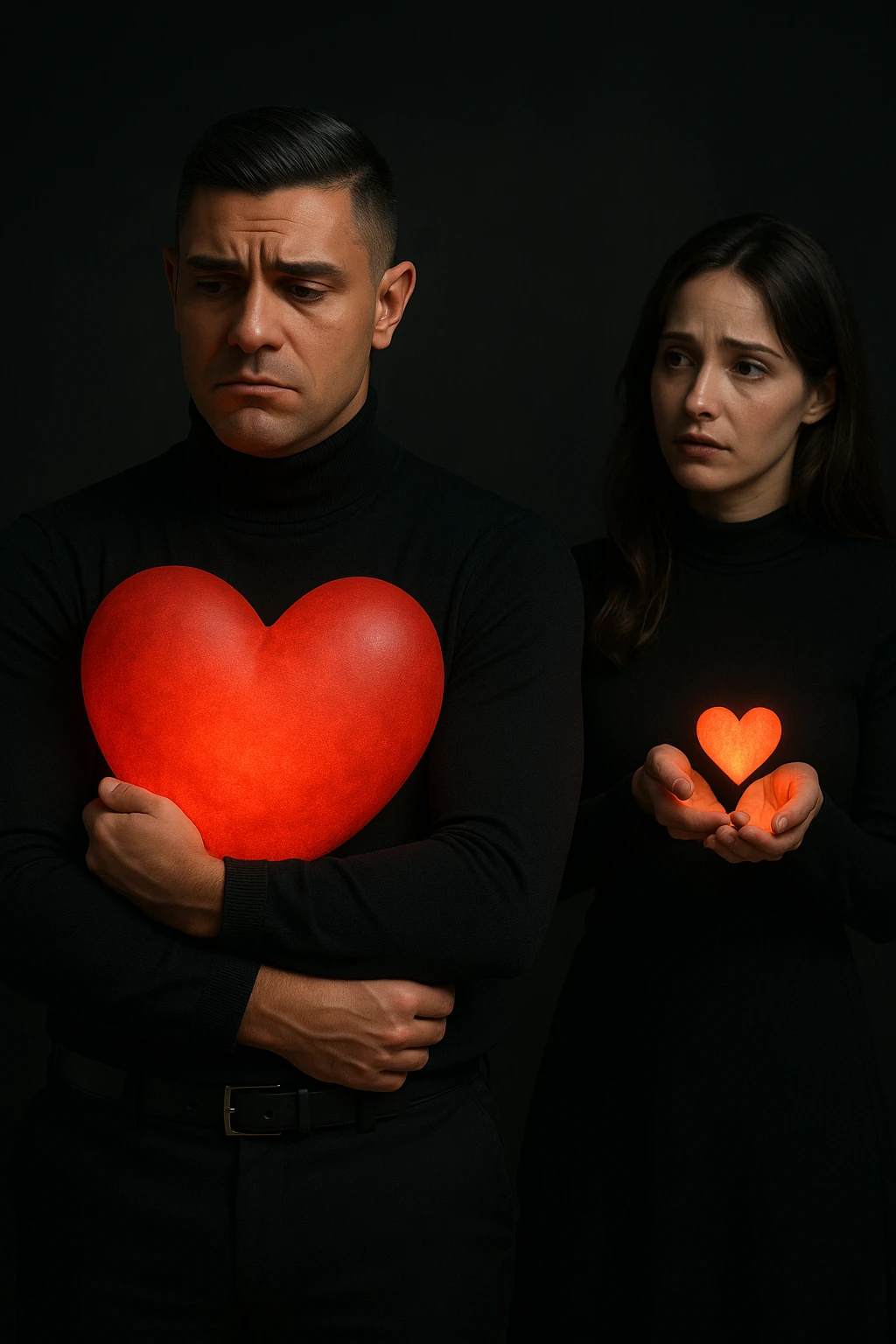 an Italian man in his 30s with olive skin and dark hair stands apart from a woman who offre un piccolo cuore luminoso tra le mani. Lui guarda il cuore con un’espressione triste e insoddisfatta, tenendo tra le braccia un cuore molto più grande e brillante, mentre la distanza tra loro è accentuata da luci soffuse e ombre. emoji