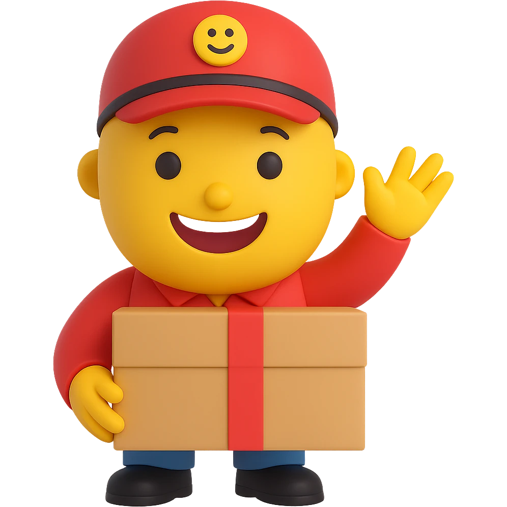 Create a 3D smiley emoji in a friendly style, round shape, youthful and cute courier with only two hands, one holding a package and the other waving, big smile, round eyes, on a transparent background. The style should be reminiscent of 3D emoji but with a warm and approachable look. emoji